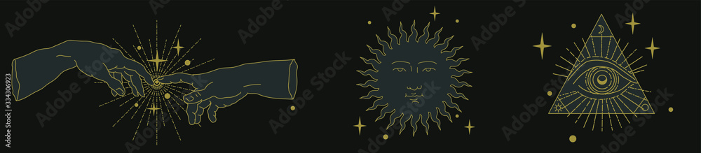 Set of illustration in medieval style for flash tattoo, fashion print or poster design. Symbols of Sun, hands and All seeing Eye. - obrazy, fototapety, plakaty 