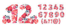 Vector Flower Numbers From 0 To 9. Botanical Character, Figure. Orange, Maroon, Pink, Coral Color Flowers In The Shape Of A Bold Number. Mallow Flowers With Branches.