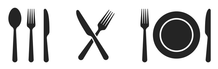 fork, knife, spoon and plate set icons. tableware set flat style. dinnerservice collection. plate, f