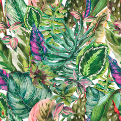  Watercolor natural botanical tropical leaves seamless pattern