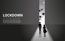 Silhouette Of Man And Woman Lock Down Inside Building From Virus Outside . Concept Of City Lock Down Social Distancing And Isolation.