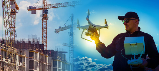 Poster - a person launches a drone to monitor hard-to-reach areas of a future building. quadrocopter with bui