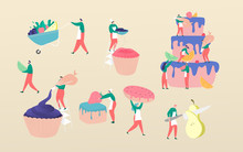 Cakes And Confectionery People Chef Manufacturing, Vector Illustration, Flat Style. Tiny Characters Make Handmade Organic Sweets And Kraft Homemade Cupcakes Bakery. Confectionery Producing Business.