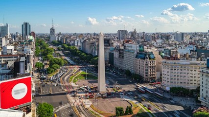 Wall Mural - Time lapse view of historical landmark Obelisk of Buenos Aires and traffic on 9 de Julio Avenue during summer in Buenos Aires, Argentina.