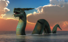 Ogopogo, The Monster Of Lake Okanagan Swims Through Placid Waters At Sunset. With Its Classic Sea Serpent Shape, It Undulates Towards You. 3D Rendering