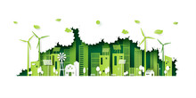 Ecology Concept With Green Eco City On Nature Background.Environment Conservation Resource Sustainable.Vector Illustration.