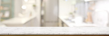 Cropped Shot Of Empty Marble Table In Blurred Kitchen Room