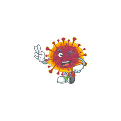 Sticker - A joyful spreading coronavirus mascot design showing his two fingers