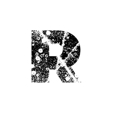 Painted letter R. Abstract handmade sans serif typeface. Distress textured font. Ink splatter surface trace. Vector stock illustration EPS 10. Isolated on white.