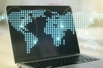 Aufkleber - Abstract creative world map with connections on modern laptop background, international trading concept. Multiexposure