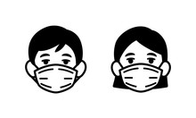 Man And Woman Wearing Medical Face Protection Mask Icon, Face Mask Against Coronavirus, Allergy, Pandemic Epidemic Infection And Pollution Concept, Vector Illustration Icon.