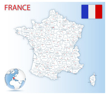Detailed Map Of France Administrative Divisions With Country Flag And Location On The Globe. Vector Illustration