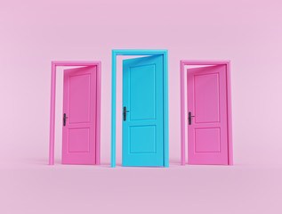 creative minimal style design. three open doors on pastel pink background. 3d rendering
