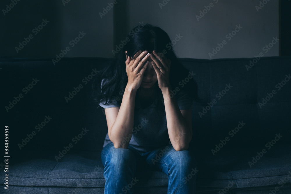 sad serious woman.depressed emotion panic attacks alone young people fear stressful.crying begging help.stop abusing domestic violence,person with health anxiety, bad frustrated exhausted feeling down - obrazy, fototapety, plakaty 