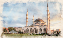 New Melike Hatun Mosque In Ankara, Turkey, Close To Genclik Park, In The Capital City In Watercolor Illustration Style