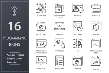 Aufkleber - Programming line icons set. Black vector illustration. Editable stroke.