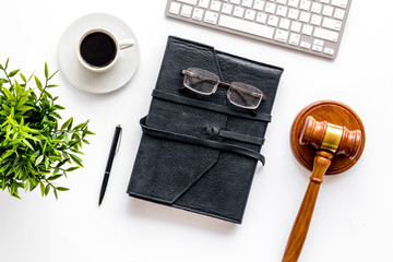 Wall Mural - Judge gavel near documents and keyboard - desk of contemporary lawyer - on white background top-down