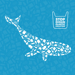 Stop ocean plastic pollution concept vector illustration. Whale marine mammal outline filled with plastic trash flat icons. Prevent ocean pollution ecology concept, sustainable lifestyle graphic.