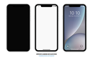 Poster - smartphone silver color with black, blank and colored touchscreen isolated on white background. realistic mobile phone mockup. stock vector illustration
