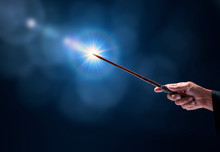 Magic Wand With Sparkle On Miracle Background, Miracle Magical Stick Wizard Tool On Hot Background.