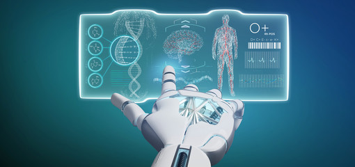 Poster - cyborg hand holding a futuristic template medical interface hud 3d rendering