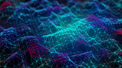 Poster - Cybernetic futuristic background. Big data visualization. Technological 3D landscape. 3D rendering.