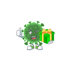 Wall Mural - Cheerful wuhan coronavirus cartoon character holding a gift box