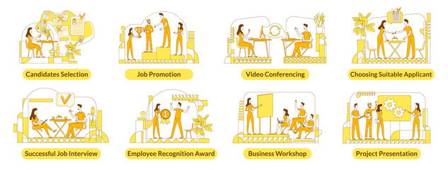 Poster - Hiring flat silhouette vector illustrations set. Business company employees outline characters on white background. HR management, recruitment services, headhunting simple style drawings pack
