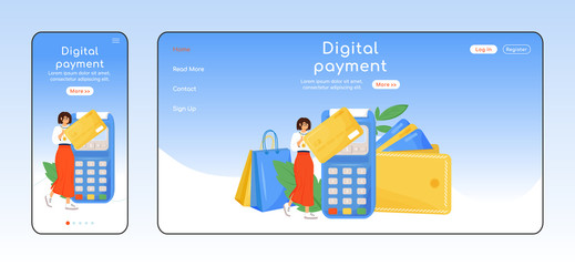 Wall Mural - Digital payment adaptive landing page flat color vector template. Cashless transactions mobile and PC homepage layout. Customer service one page website UI. Credit card webpage cross platform design