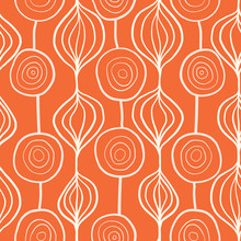 Abstract Organic Ornamental Vertical Floral Vector Pattern. Contemporary White And Orange Mod Art Organic Repeating Shapes Background. Modern Scandinavian Style Backdrop Hand Drawn Lines. 