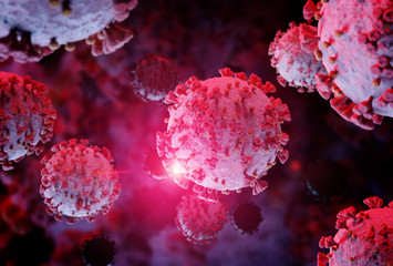 Poster - 3D rendering of the coronavirus on a microscopic level. Microscope close-up of the covid-19 disease. 2019-nCoV spreading in body cell