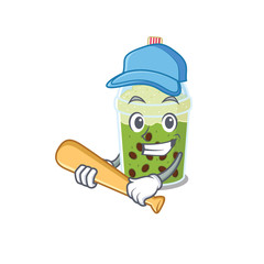 Poster - Mascot design style of matcha bubble tea with baseball stick