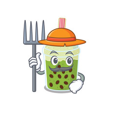 Poster - Matcha bubble tea in Farmer cartoon character with hat and pitchfork