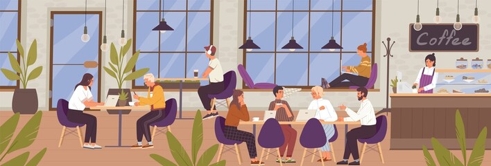 Aufkleber - Cartoon young people communicating and working at modern coffeehouse vector flat illustration. Man, woman and group of people sitting on table use laptop at cafe. Coworking office with cafeteria
