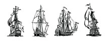 Set Of Silhouette Of Vintage Sailboat With White Background. Hand Drawn Vector Illustration.