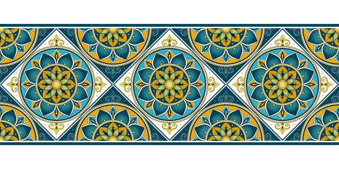 Wall Mural - Tile border pattern vector seamless. Ceramic vintage ornament texture. Portugal azulejos, spanish mosaic, mexican talavera, sicily italian majolica, moroccan, damask, turkish arabesque motifs.