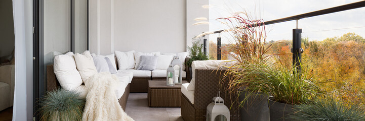 Wall Mural - balcony with rattan furniture, panorama