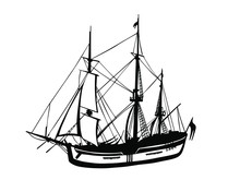 Silhouette Of Vintage Sailboat With White Background.  Hand Drawn Vector Illustration.