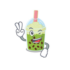 Sticker - Cheerful matcha bubble tea mascot design with two fingers