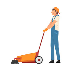 Sticker - Professional Cleaning Man Using Floor Cleaning Machine, Male Worker Character Dressed in Blue Overalls and Rubber Gloves, Cleaning Company Staff Vector Illustration