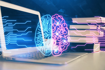 Double exposure of work space with computer and human brain drawing hologram. Brainstorm concept.