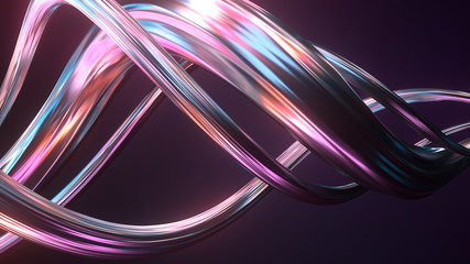 Fototapete - 3d render of twisted shape made of chrome material. Iridescent  colorful reflections...
