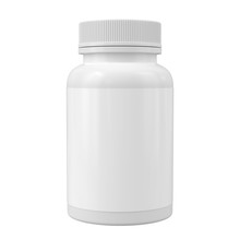 White Medicine Bottle Mockup. Blank Label Vitamin Template. Pills Jar Isolated On White.