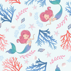 Wall Mural - Seamless pattern with mermaid, seashells, corals and starfishes. Marine background. Vector illustration. Perfect for greetings, invitations, wrapping paper, textile, wedding and fabric prints