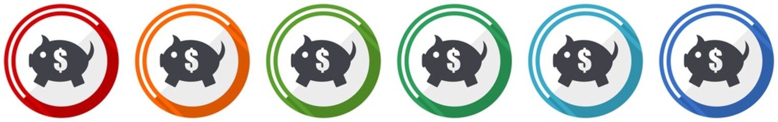 Poster - Piggy bank icon set, flat design vector illustration in 6 colors options for webdesign and mobile applications
