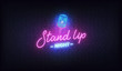 Stand up comedy neon template. Stand up lettering and glowing neon microphone
