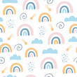 Seamless pattern with cloud and rainbow in the sky. Creative kids hand drawn texture for fabric, wrapping, textile, wallpaper, apparel. Vector illustration