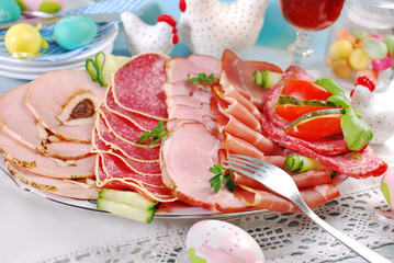 Wall Mural - easter breakfast with platter of cured meat and ham