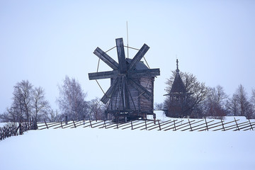 landscape in russian kizhi church winter view / winter season snowfall in landscape with church architecture