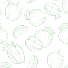 Hand Drawn Seamless Pattern With Apple Fruit Sliced In Half With Seed And Leaves